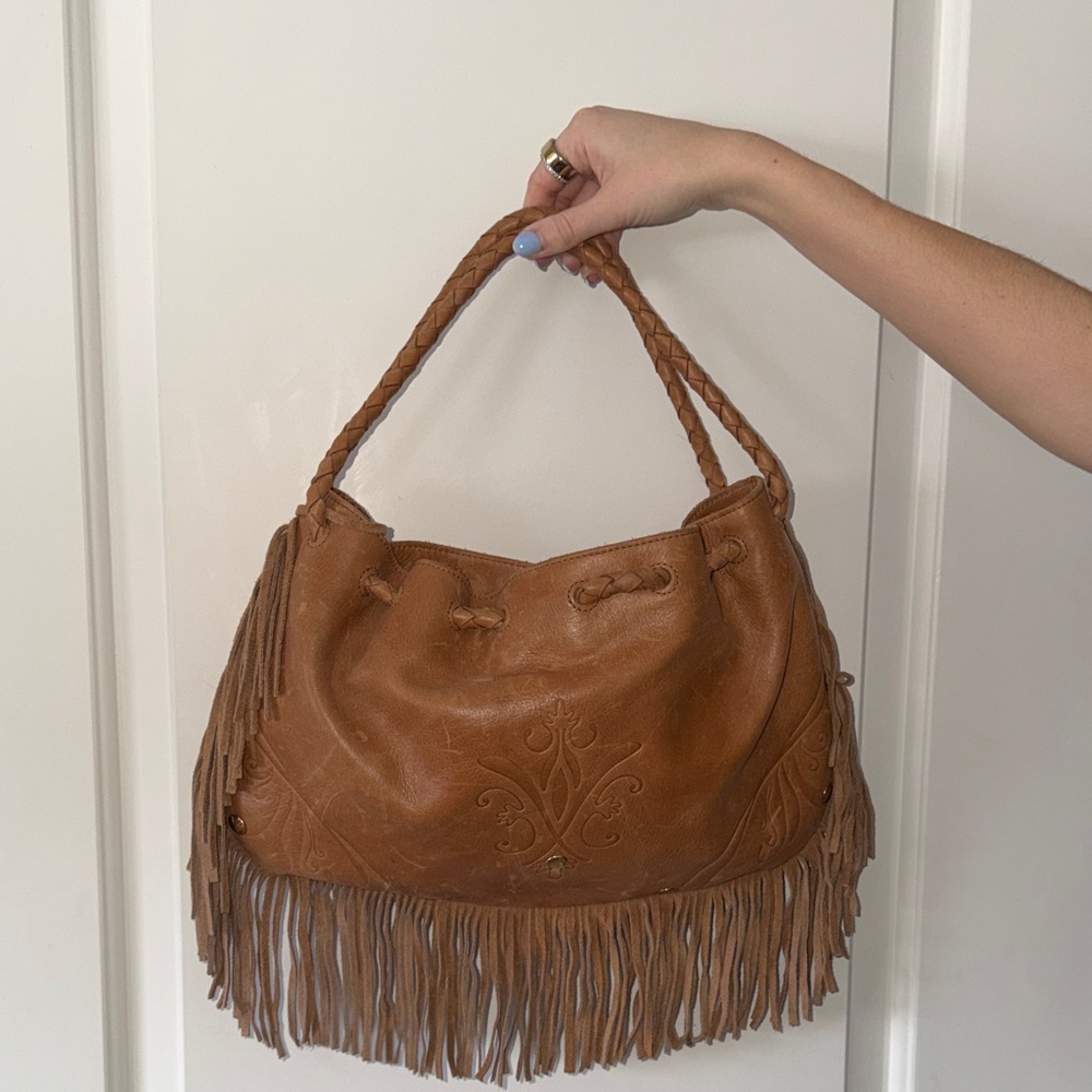 Fringed Tan Leather Boho Shoulder Bag